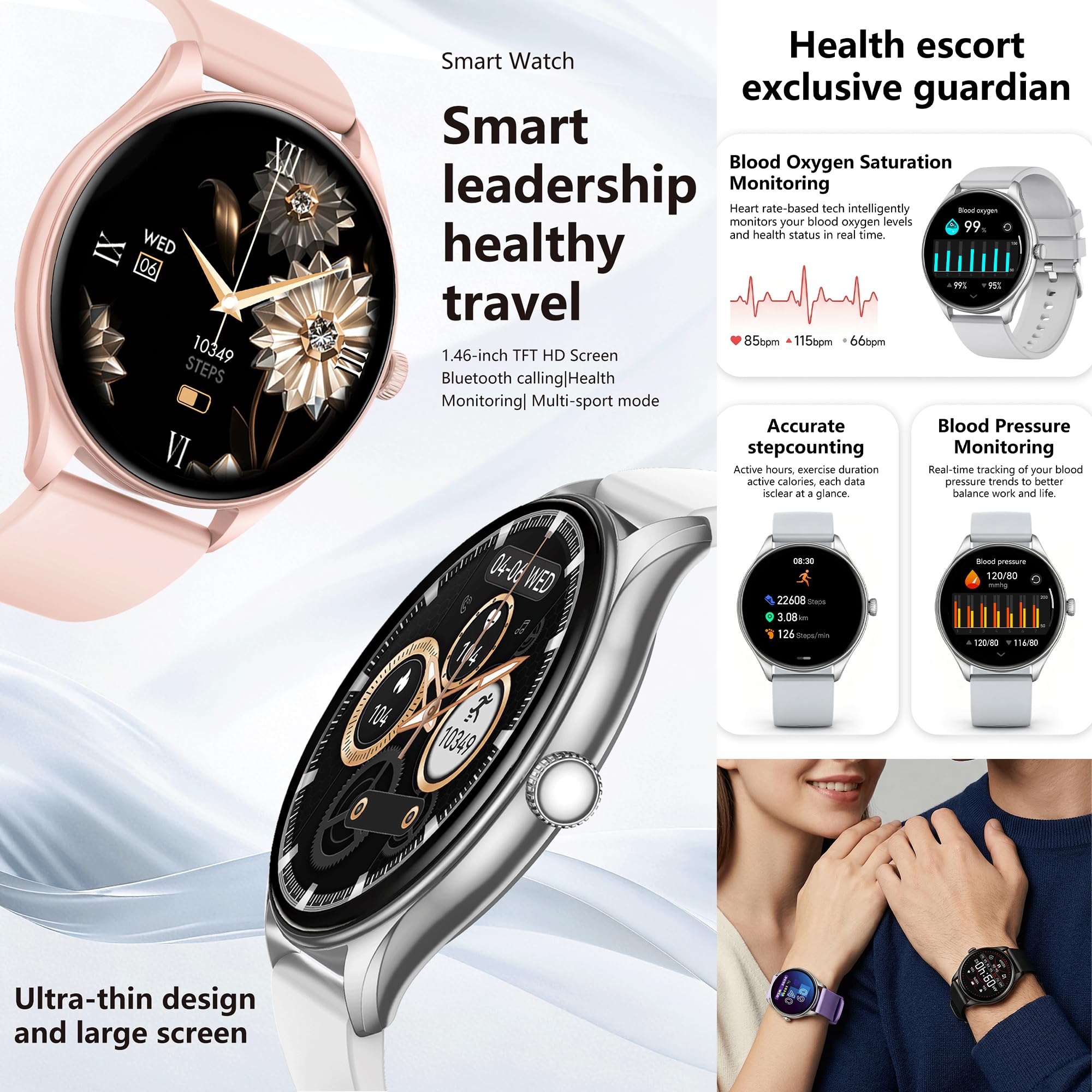 Montre Connectée Femme and Montre Homme avec Appels Bluetooth, Smartwatch Diamond avec 100+ Modes Sportifs/Fonction Féminine/Lecteur de Musique/Fréquence Cardiaque/Sommeil/ pour Android iOS (Argenté)
