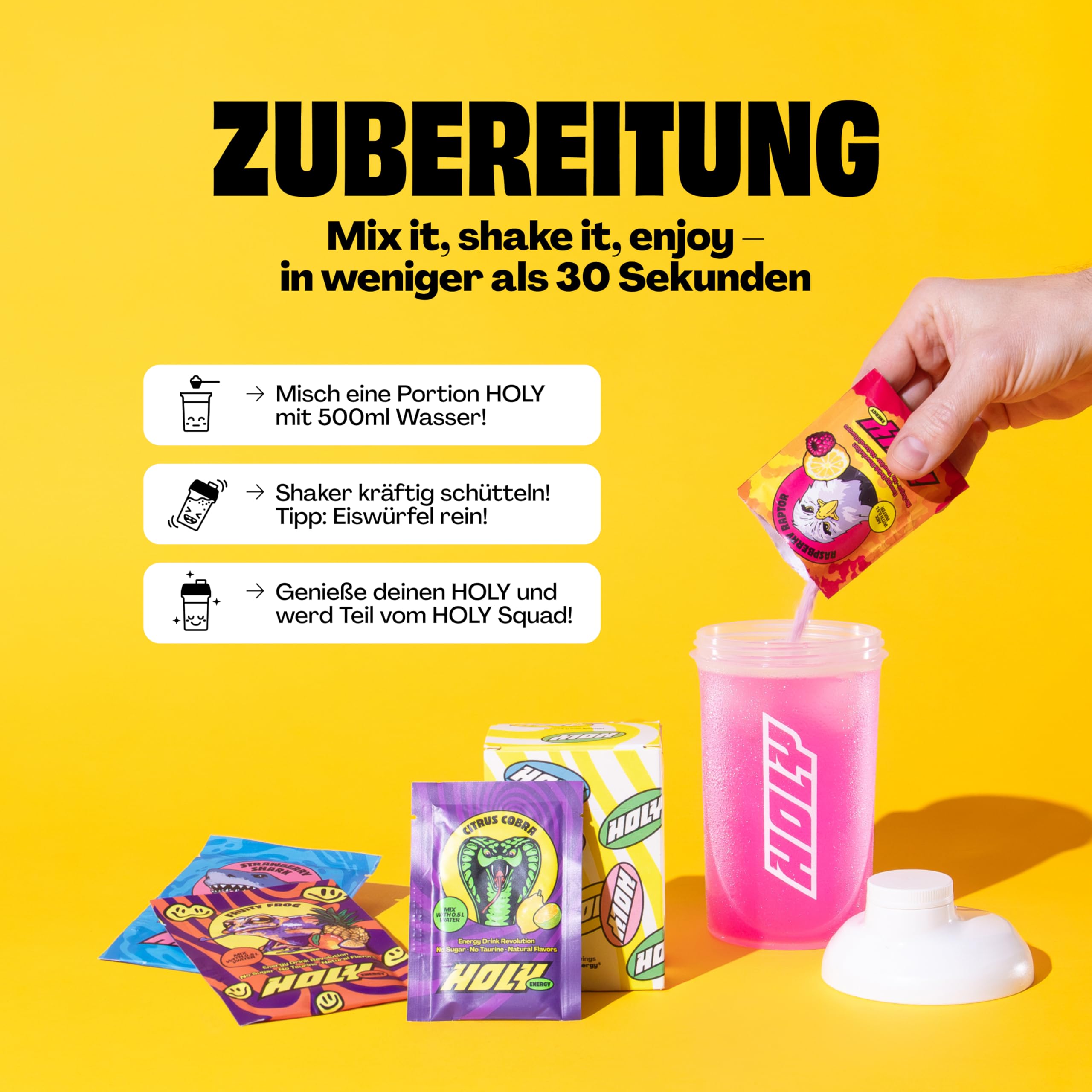 HOLY Energy ‘Raspberry Raptor’ Booster mit Himbeer & Yuzu Geschmack - 50 Portionen mit NewCaff & Grüntee Extrakt - Energydrink in Pulverform - Vegan mit 100% natürlichen Fruchtaromen