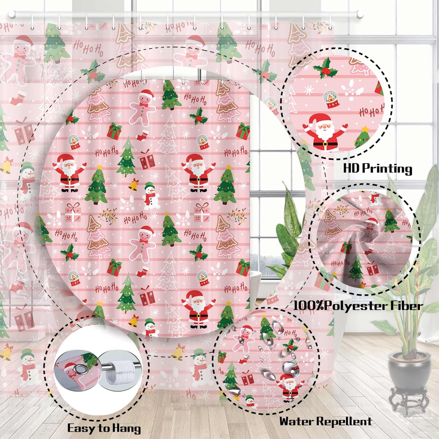Christmas Shower Curtain, Pink Cute Santa Cartoon Gingerbread Man Candy Bathroom Decor Curtains, Winter Merry Christmas Kids Fabric Shower Curtain Sets with Hooks, 72X75IN