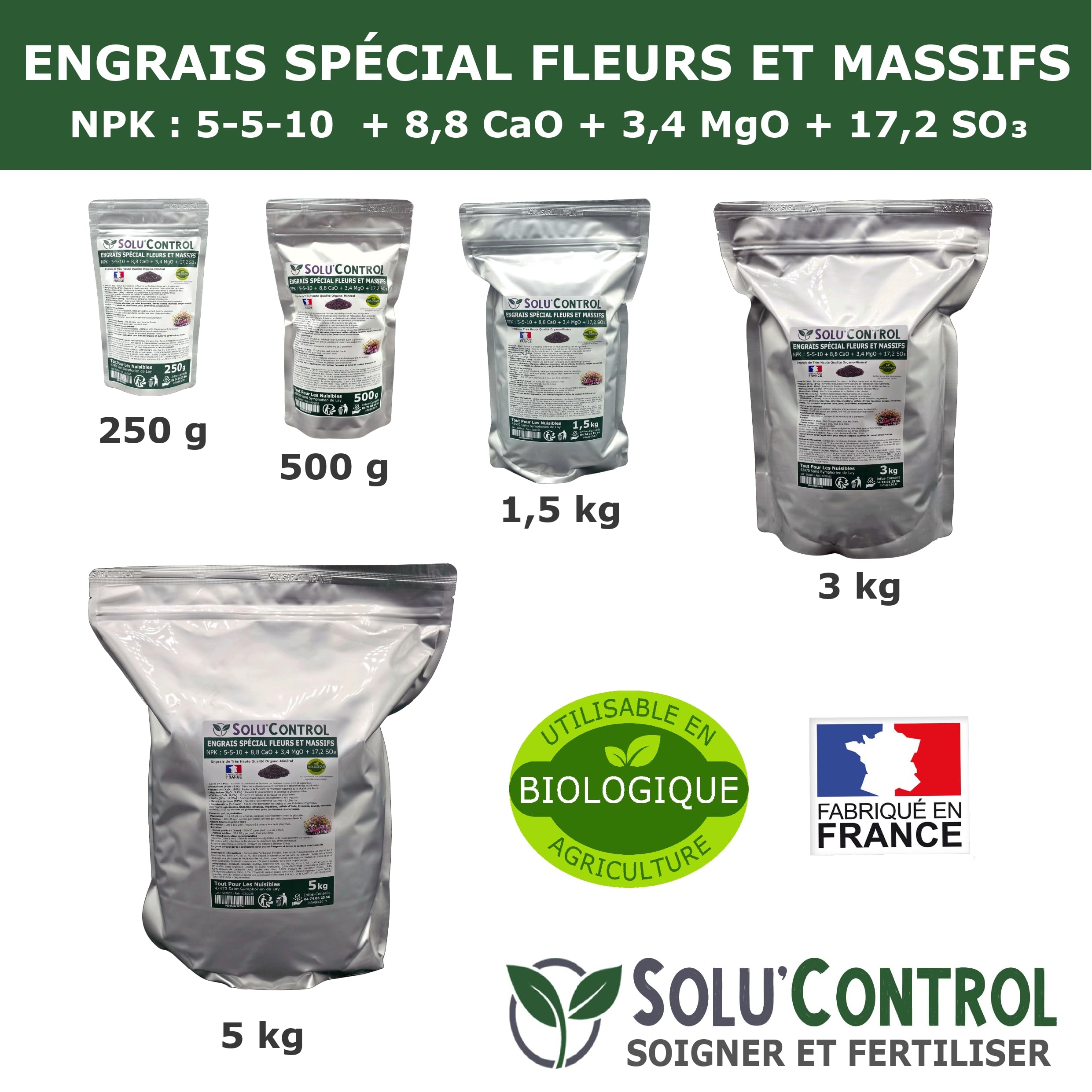5 kg - Engrais Spécial Fleurs et Massifs NPK 5-5-10 - Favorise une floraison abondante, éclatante et durable - Utilisable en Agriculture Biologique (UAB) - Fabriqué en France
