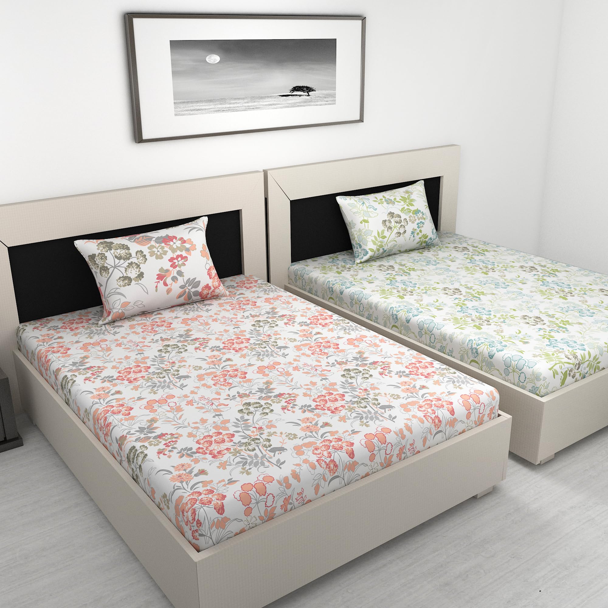 Divine Casa 144 Tc Floral Printed 100% Cotton Set of 2 Bedsheet Combo for Single Bed - 145 X 223 Cm, Papaya Punch & Green Banana-image-44