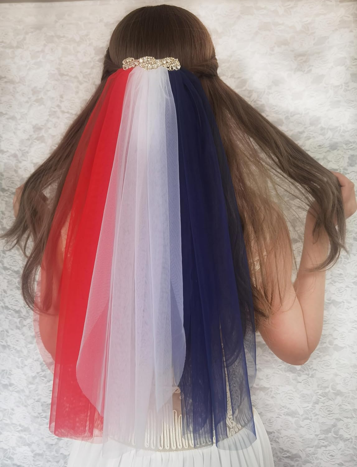 Leimandy Patriotic Veil - Short American Flag Wedding Veil with Rhinestones | Bachelorette Party Accessory, 4th of July Bridal Shower & Christmas Theme Headpiece B030