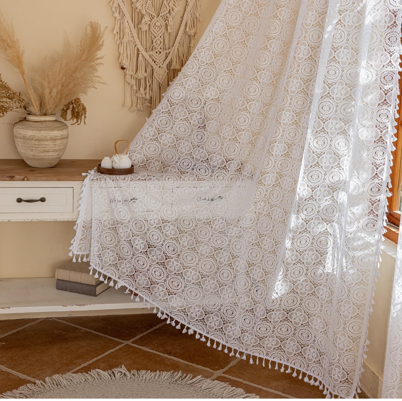 YJ YANJUN Boho Lace Curtains 72 inches Long 2 Panels -Vintage Floral Crochet Sheer Panels with Tassel for Living Room Bedroom Light Filtering