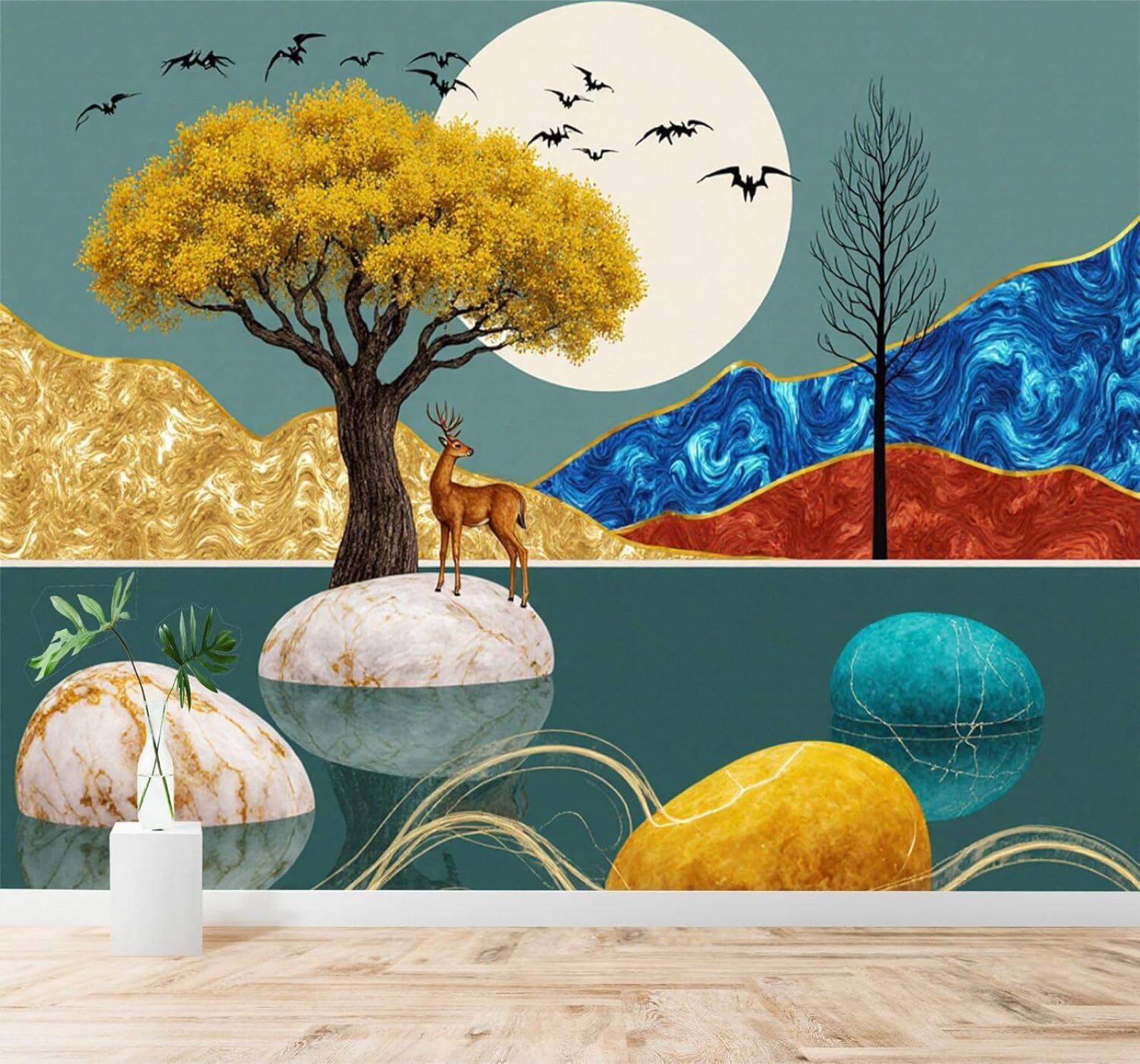 XLMING Golden Trees Deer Moon Colourful Mountains 3D Wallpaper Silky Texture Home Study Office Grey Dining Room Sofa Bedroom Living Room TV Backdrop-200cm×140cm