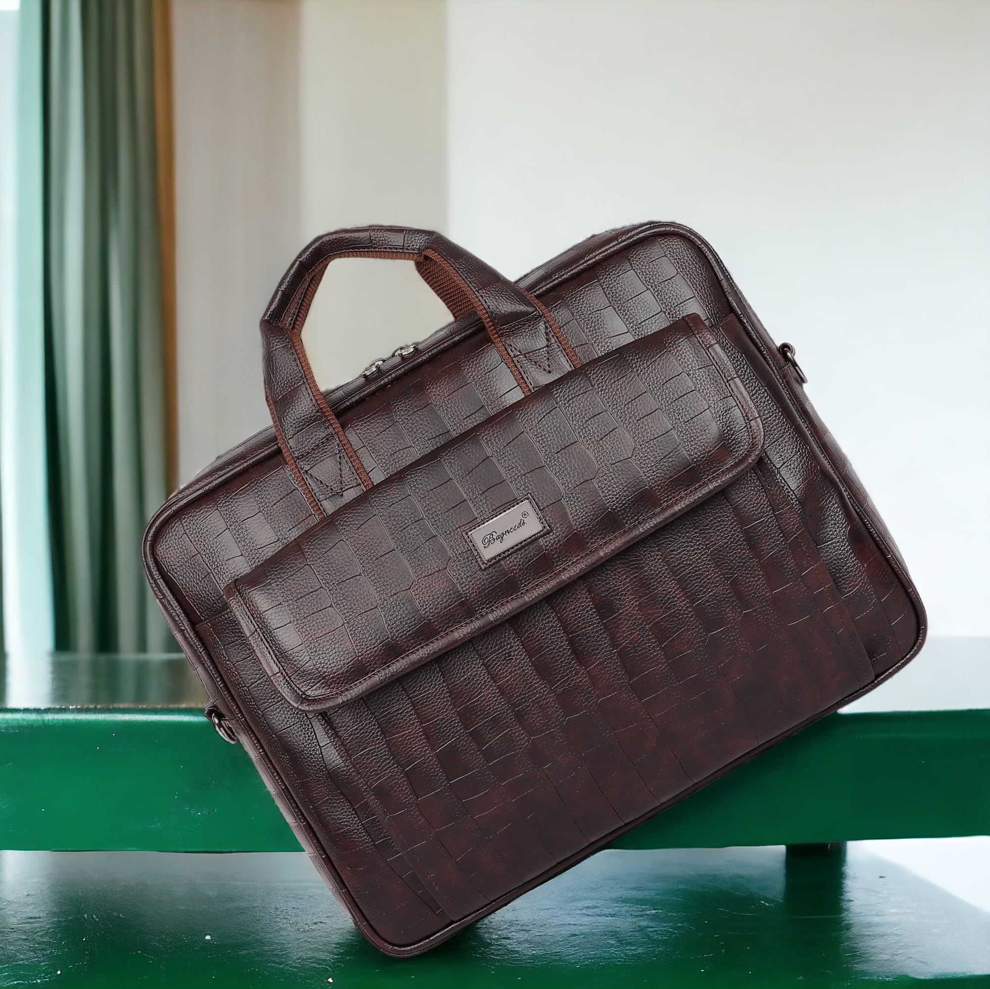 Bagneeds® PU Leather Messenger Laptop Bag for Men & Women, 100% Vegan Leather Expandable Office Bag, Supports Laptop up to 14 Inches, (BROWN) 2