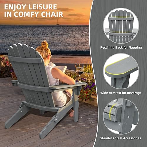 Miniatura 5 de DWVO Silla plegable Adirondack sillas de poliresina resistentes a la intemperie sillas de poliestireno de grano de madera para exteriores para patio