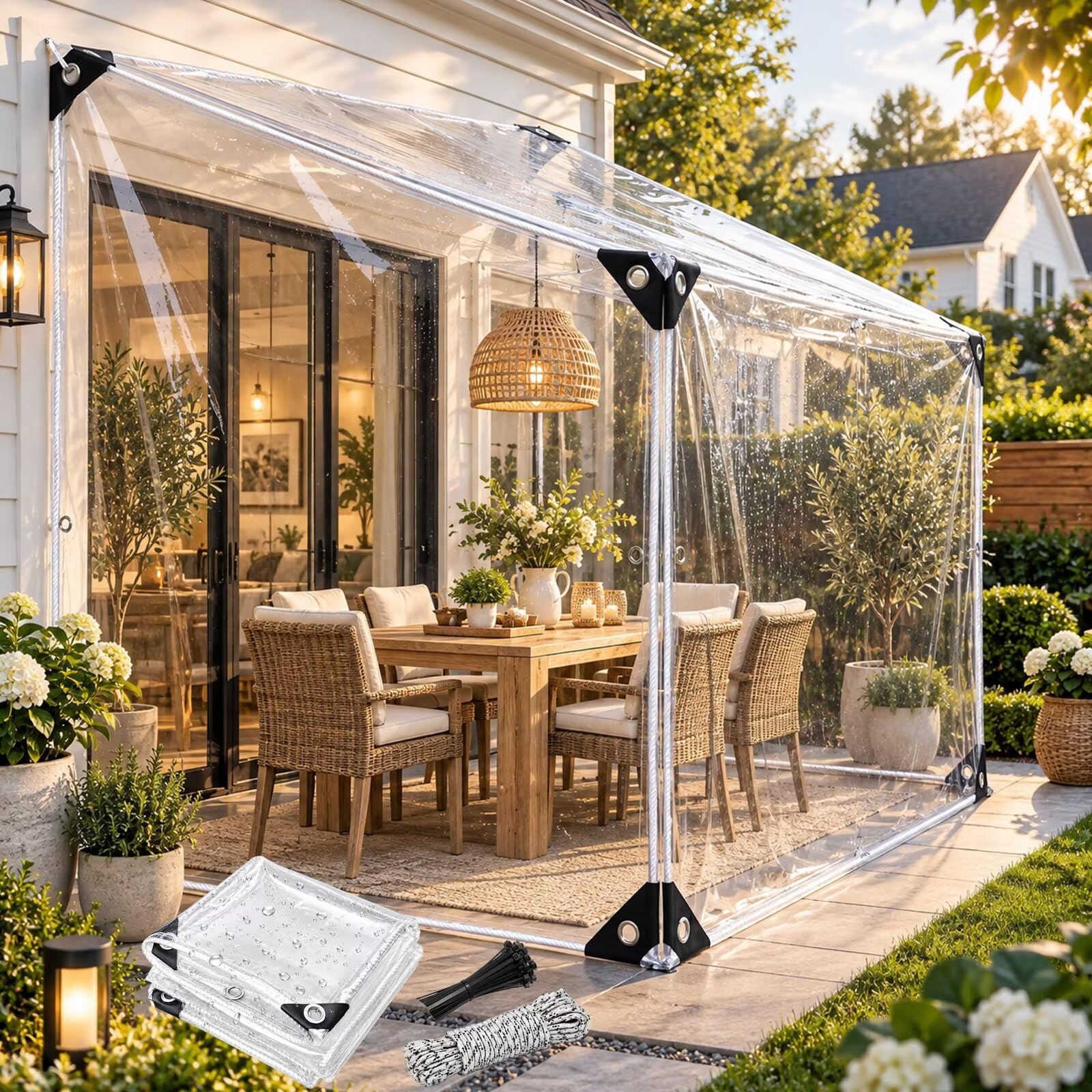 Telone con occhielli, trasparente con occhielli, telo di copertura in PVC, impermeabile, protezione dal vento, protezione solare per balcone, giardino, serra (3.6 m x 4 m)