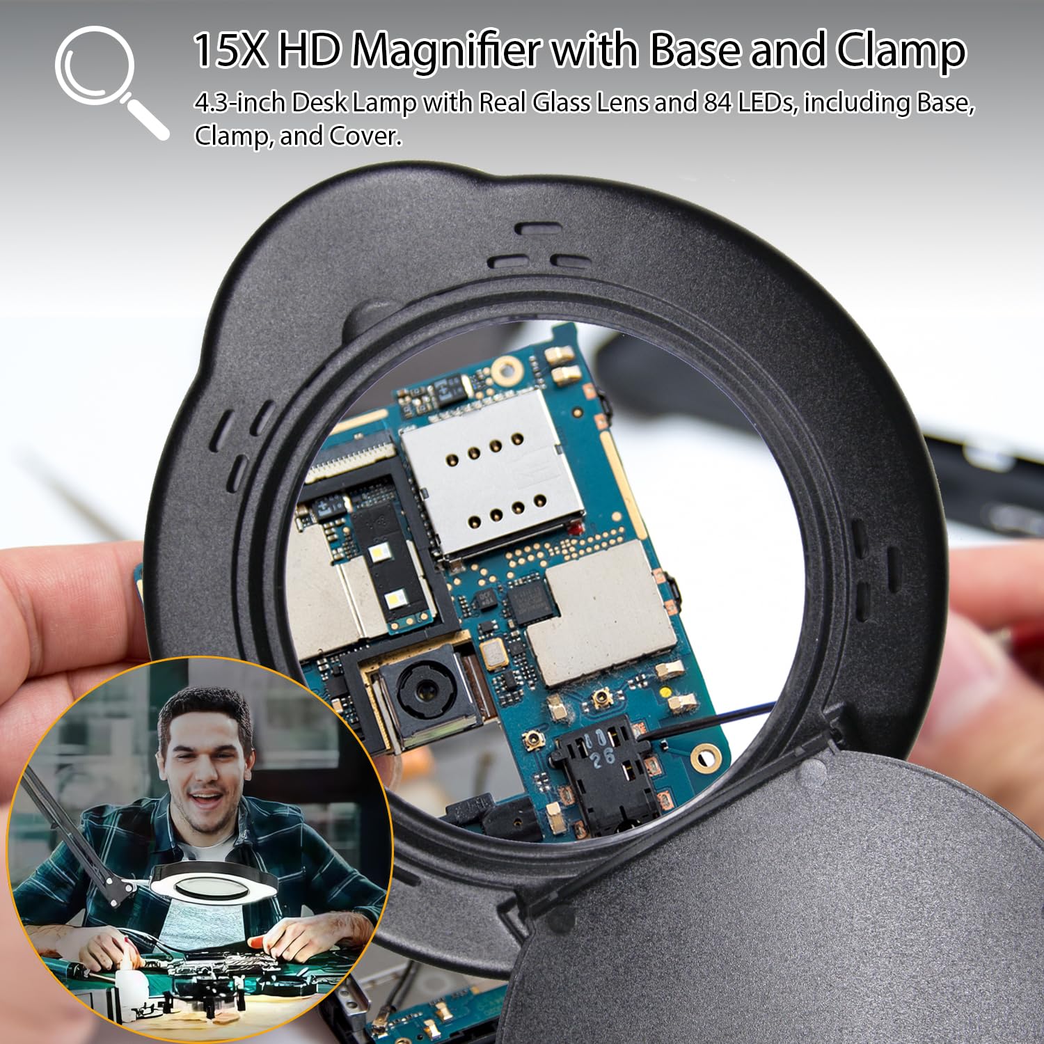 15X Magnifying Glass with Light and Clamp, LED Magnifying Lamp with Base, 5 Color Modes & 10 Brightness Levels, Hands-Free Desk Magnifier with Dust Cover for Crafts, Sewing, Repair, Close Work, Hobby