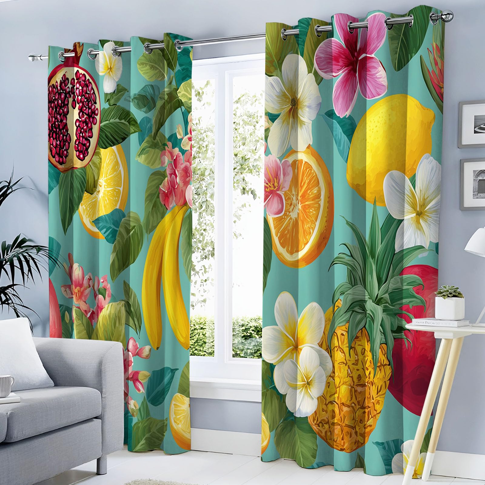 Rideau anti froid et thermique occultant bleu vert à motif tropical aquarelle salon