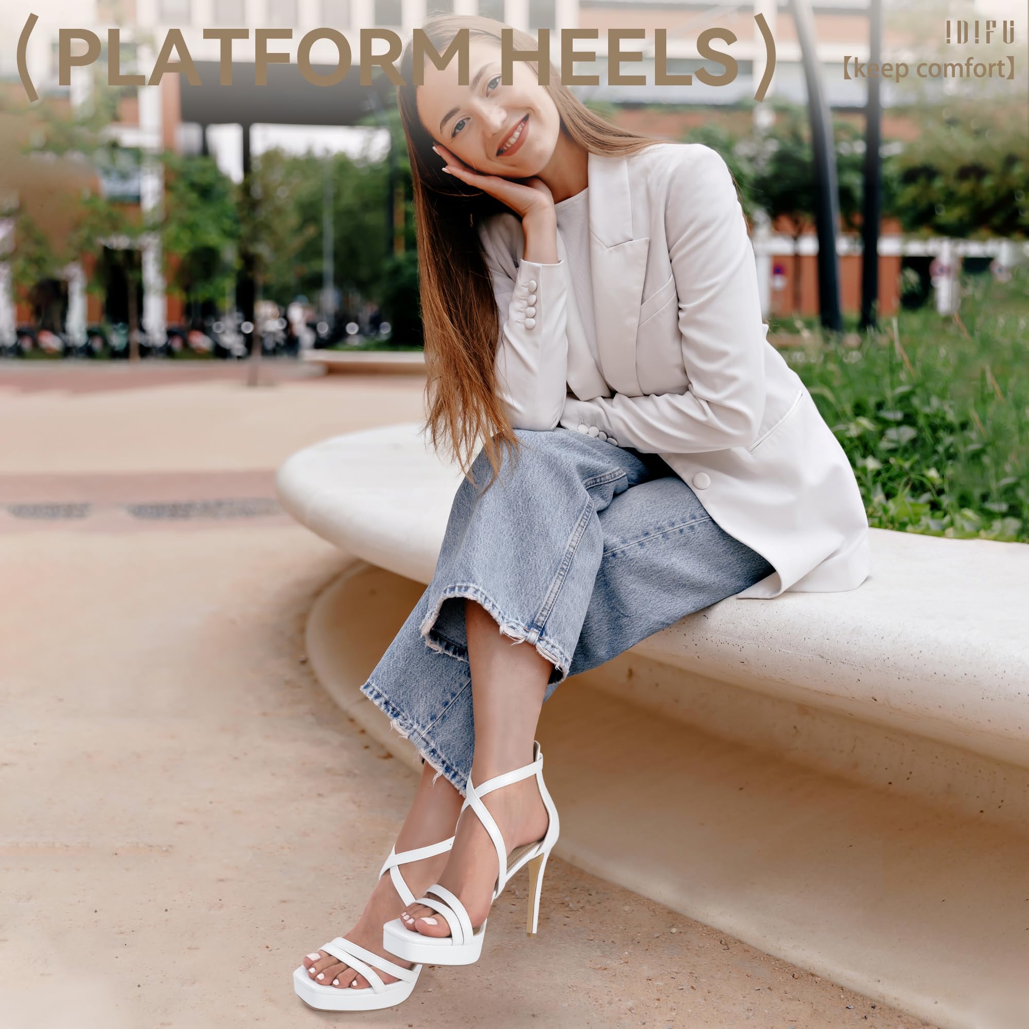 IDIFU IN4 Platform High Heels for Women Strappy Heeled Sandals Square Toe Heels Stiletto Heels Women's Wedding Party Bridal Sexy Dress Shoes Open Toe Heels: 9 White Pu
