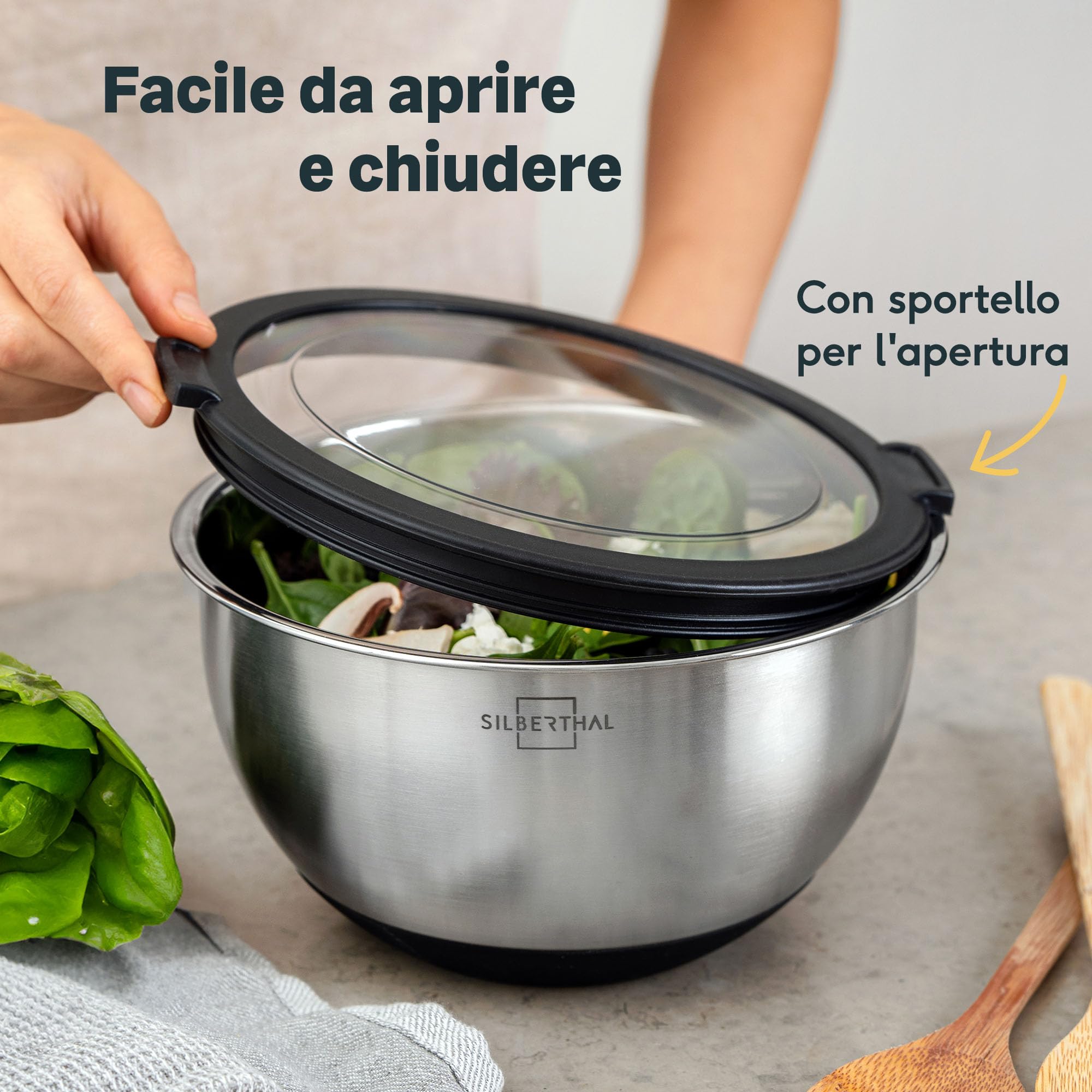 SILBERTHAL Set ciotole acciaio inox cucina - Impilabile e antiscivolo - Coperchio ermetico 1,6L / 3L / 5,1L