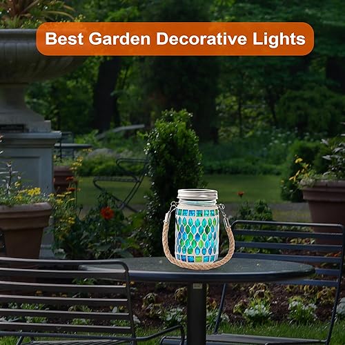 Miniatura 6 de Cooo Faroles solares de mosaico para exteriores, impermeables, colgantes, paquete de 2 luces de mosaico, pasta de mano, 141 mosaicos de cristal,