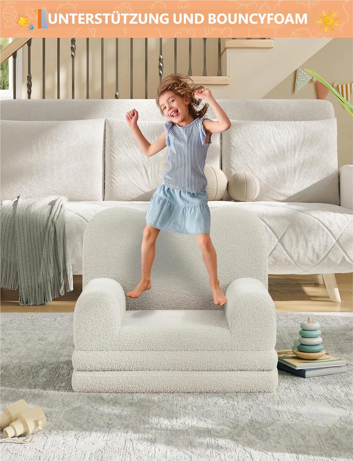 Garvee Kindersofa Ausklappbar 2-in-1 Kindersessel, Soft Sherpa Spielsofa für Kleinkinder, Weißes Wellendesign, Bequemes Sofa zum Schlafen und Spielen, Kinderzimmer Möbel, rutschfest