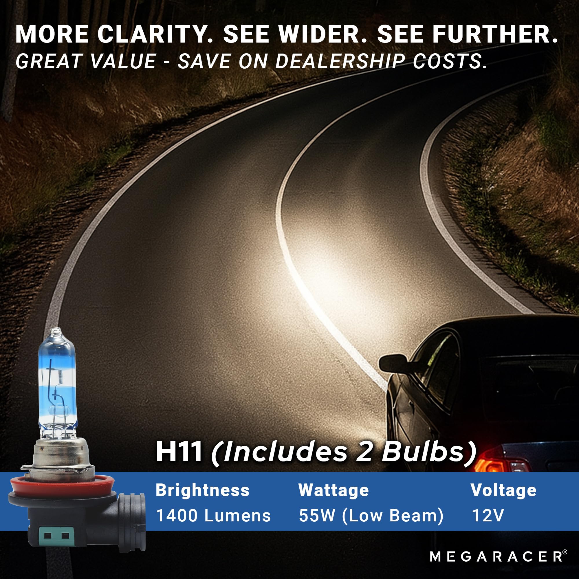 Mega Racer Premium OEM H11 Halogen Headlight Bulb (Low Beam) - Street-Legal & DOT Compliant for On-Road Use, Automotive Head Light Replacement for Car, 12V 55W, Plug & Play, Pack of 2 - Made in Korea — view 3