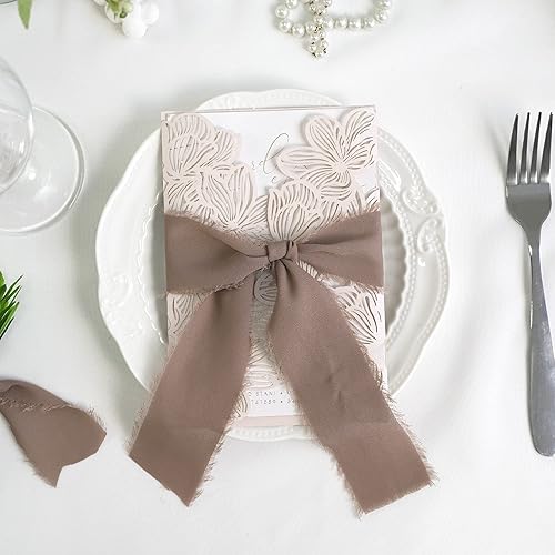 Miniatura 4 de MEEDEE Cinta de gasa taupe de 2 pulgadas, cintas deshilachadas con flecos, para manualidades, cintas de gasa de seda para envolver regalos,