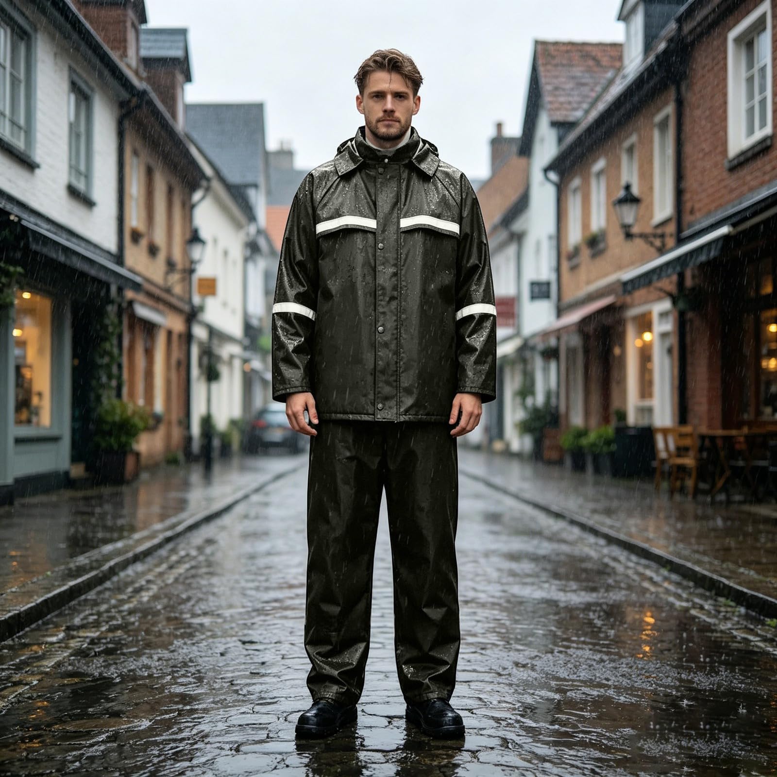 Giacca da moto da uomo, impermeabile, traspirante, con cappuccio, 2 pezzi, tuta da pioggia divisa, giacca con cappuccio e pantaloni, 2 pezzi, riflettente, completo