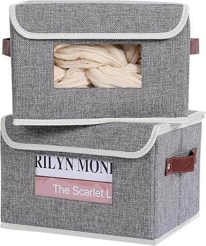 ANMINY 2 contenedores de almacenamiento de tela con tapa, asas de piel sintética, para ventana transparente, lavable, tablero de plástico PP,