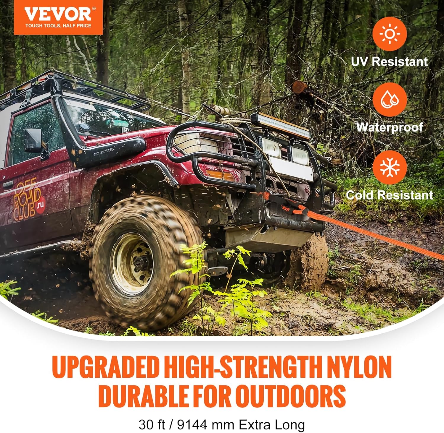 VEVOR 7/8" x 30' Kinetic Recovery Tow Rope 30,580lbs, Heavy-Duty Off Road Snatch Strap with 2 Soft Shackles (41750lbs) Extreme Duty 30% Elasticity Energy Snatch Strap Jeep Car Truck ATV Tractor