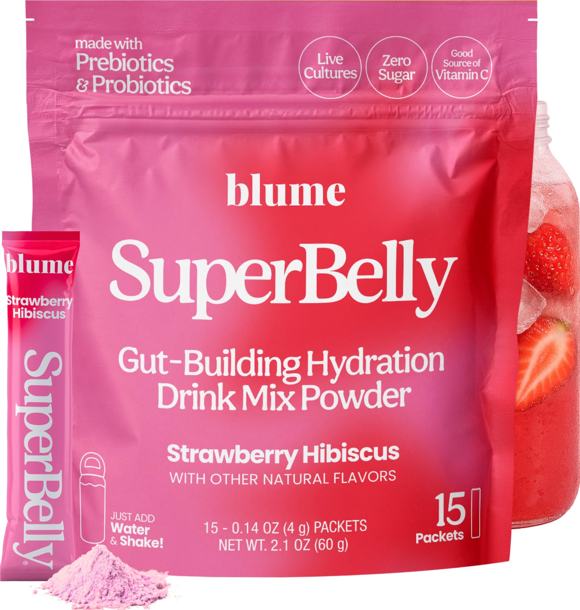 Blume SuperBelly Gut Health and On-The-Go Hydration Packets, GLP-1 Friendly, Sugar-Free, with Prebiotics, Probiotics, Apple Cider Vinegar, Vitamin C, and Electrolytes, Strawberry Hibiscus, 15 Sticks