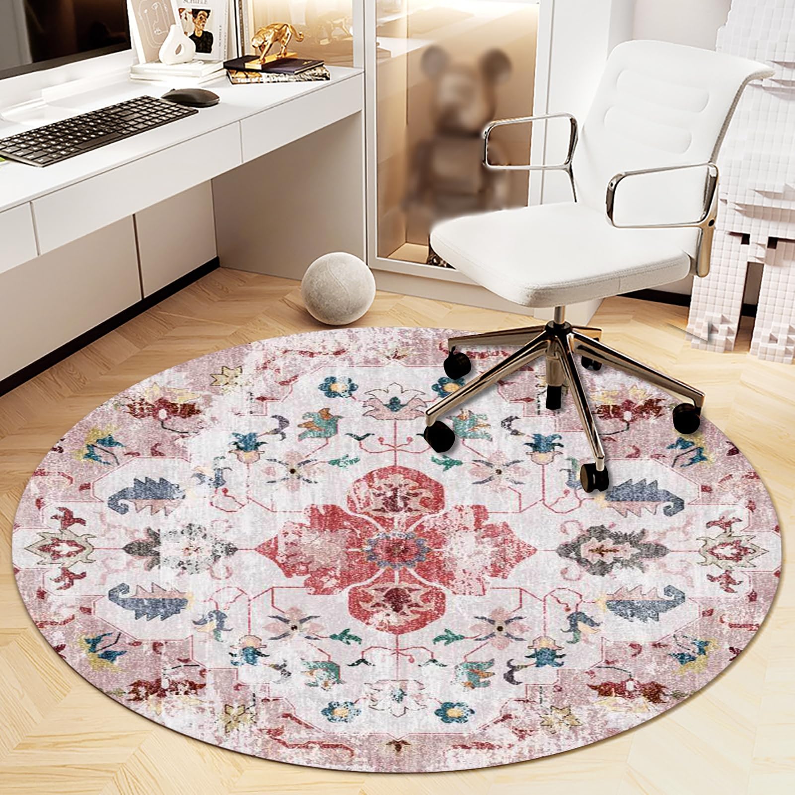 Heavyoff Office Chair Mat for Hardwood Floor, Vintage Computer Gaming Rolling Low Pile Carpet Floor Chair Mat, Anti-Slip Backing Round Desk Rug Floor