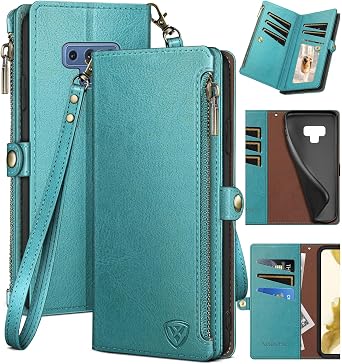 XcaseBar for Samsung Galaxy Note 9 Wallet case with Zipper Credit Card HolderRFID Blocking, Flip Folio Book PU Leather Phone case Shockproof Cover Women Men for Samsung Note9 case Blue Green