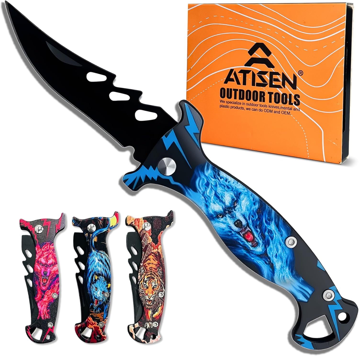 Hunting Knife Set 4-Pack – High Carbon Steel Pocket Knives with Animal Totem Designs – Compact Folding Knife Set for Camping, Hiking & Outdoor For Gifts