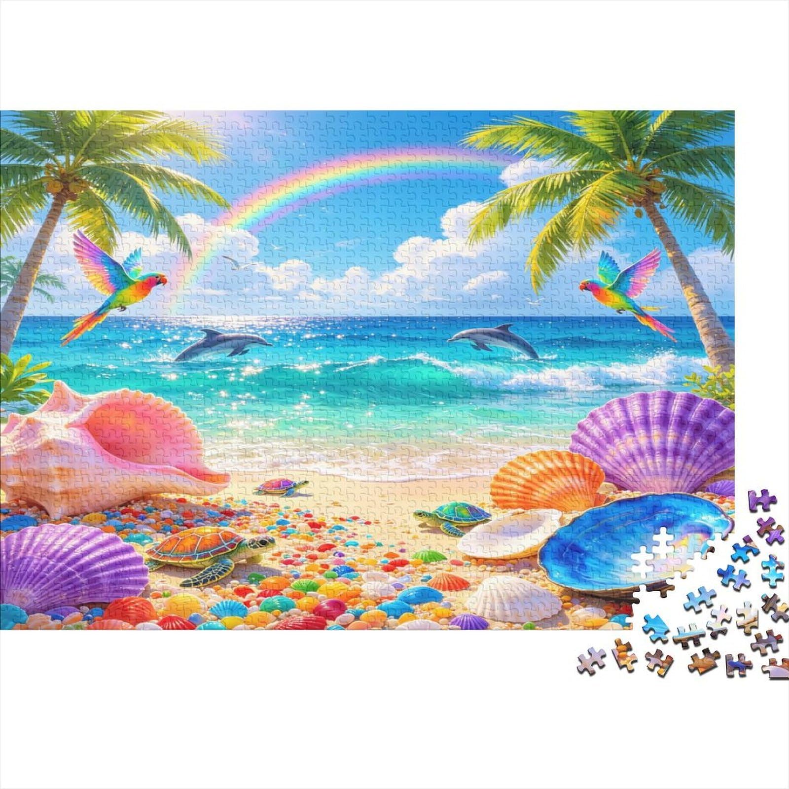 Tropical Beach Landscape 1000 Piece Jigsaw Puzzle Paper for Adults Rainbow Palm Shell Relaxation Focus Home Decor 70x50cm/1000pcs