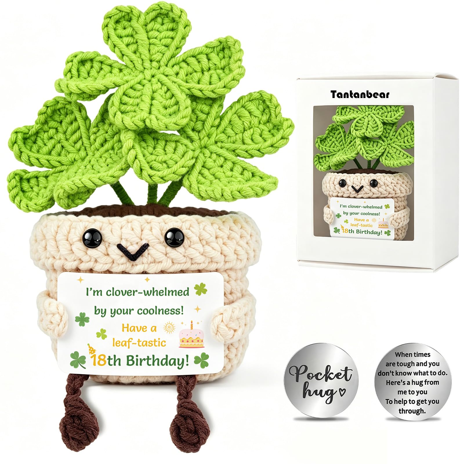 18th Birthday Gifts for Girls Boys, Handmade Emotional Support Crochet Lucky Four-Leaf Clover Crochet with Card and Token, Adorable Home Decor Gifts for 18 Years Old Friend Sister Brother Daughter Son