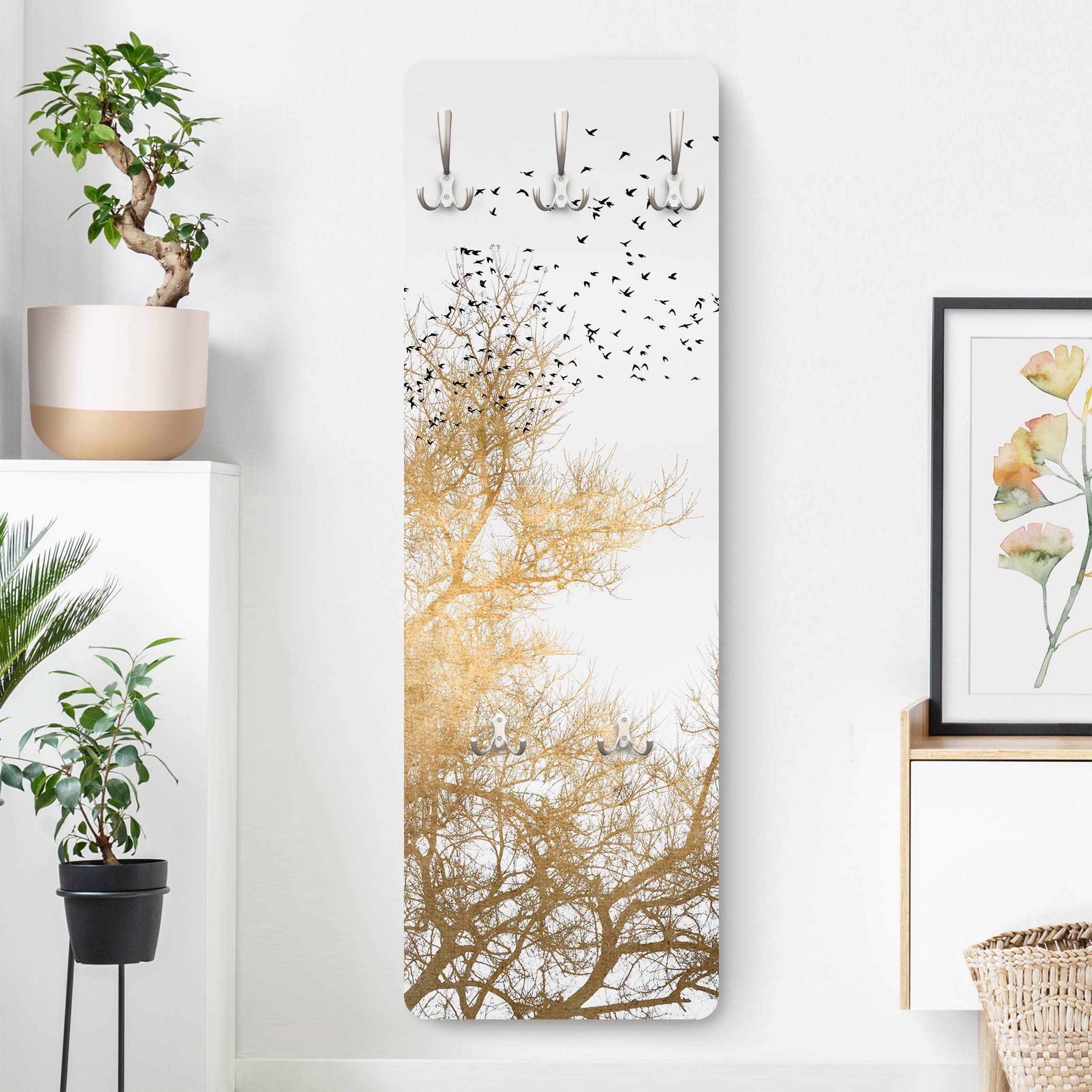 Wandgarderobe inkl. 5 Haken Wald Bäume platzsparendes Design - Made in Germany - Baum Kunstdruck Flurgarderobe gold schmal Garderobenpaneel 2933