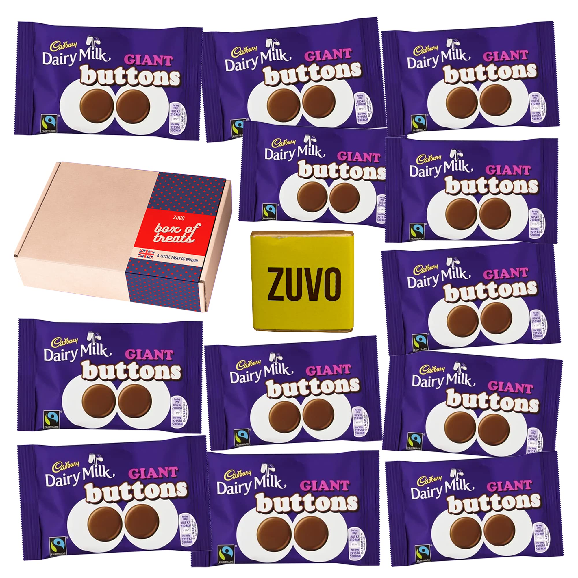 Zuvo 12Pcs Cadbury Giant Buttons Chocolate Box, Full Size 40g Bags of Delicious Cadbury Chocolate in A Unique Gift Box and A Free UK Chocolate