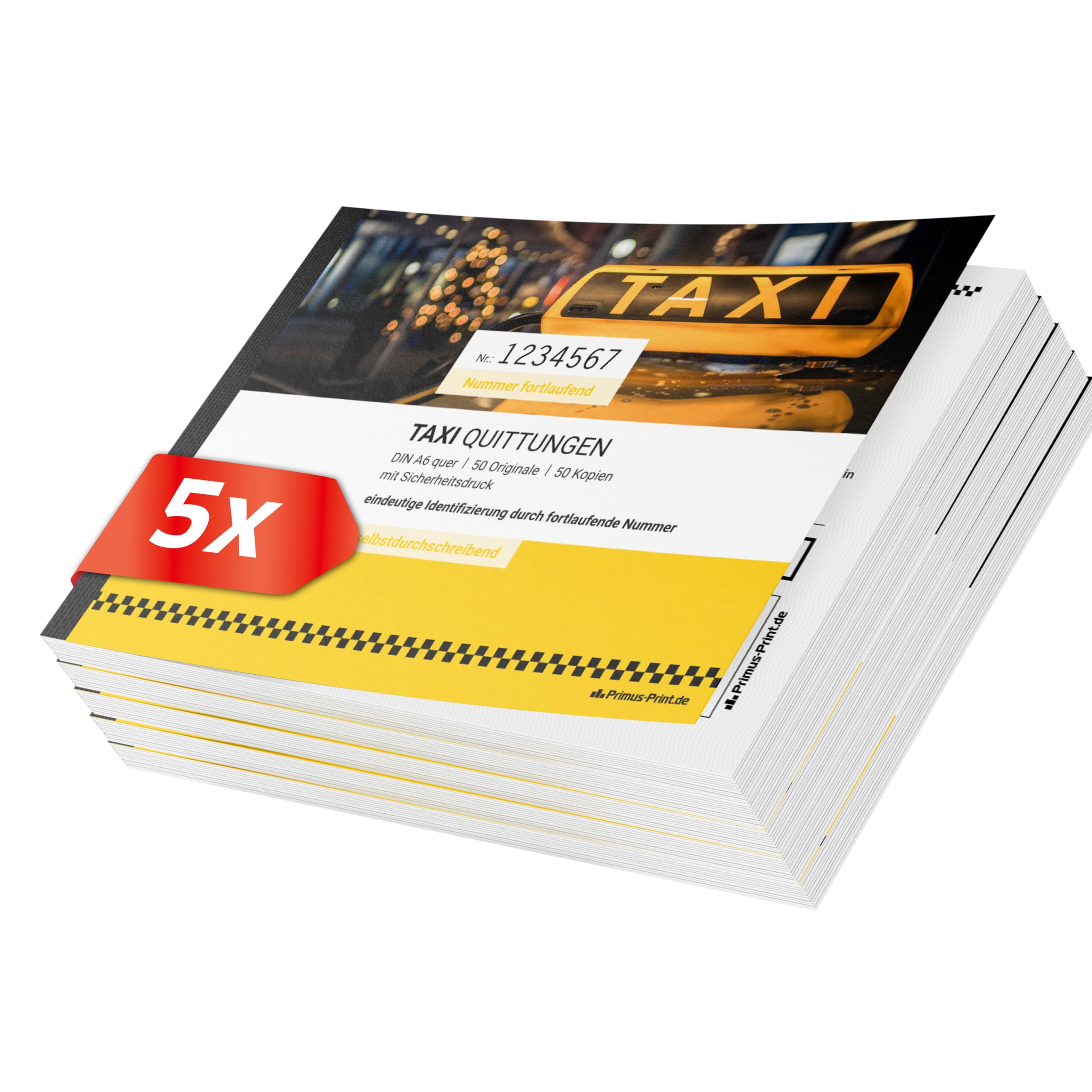 Primus Print TAXI Quittungsblock 5x DIN A6 quer & gelocht, 2x50 Blatt mit Durchschlag, selbstdurchschreibend, mit Perforation und Nummerierung - Quittung - Rechnungsblock - Taxi-Fahrpreisquittung