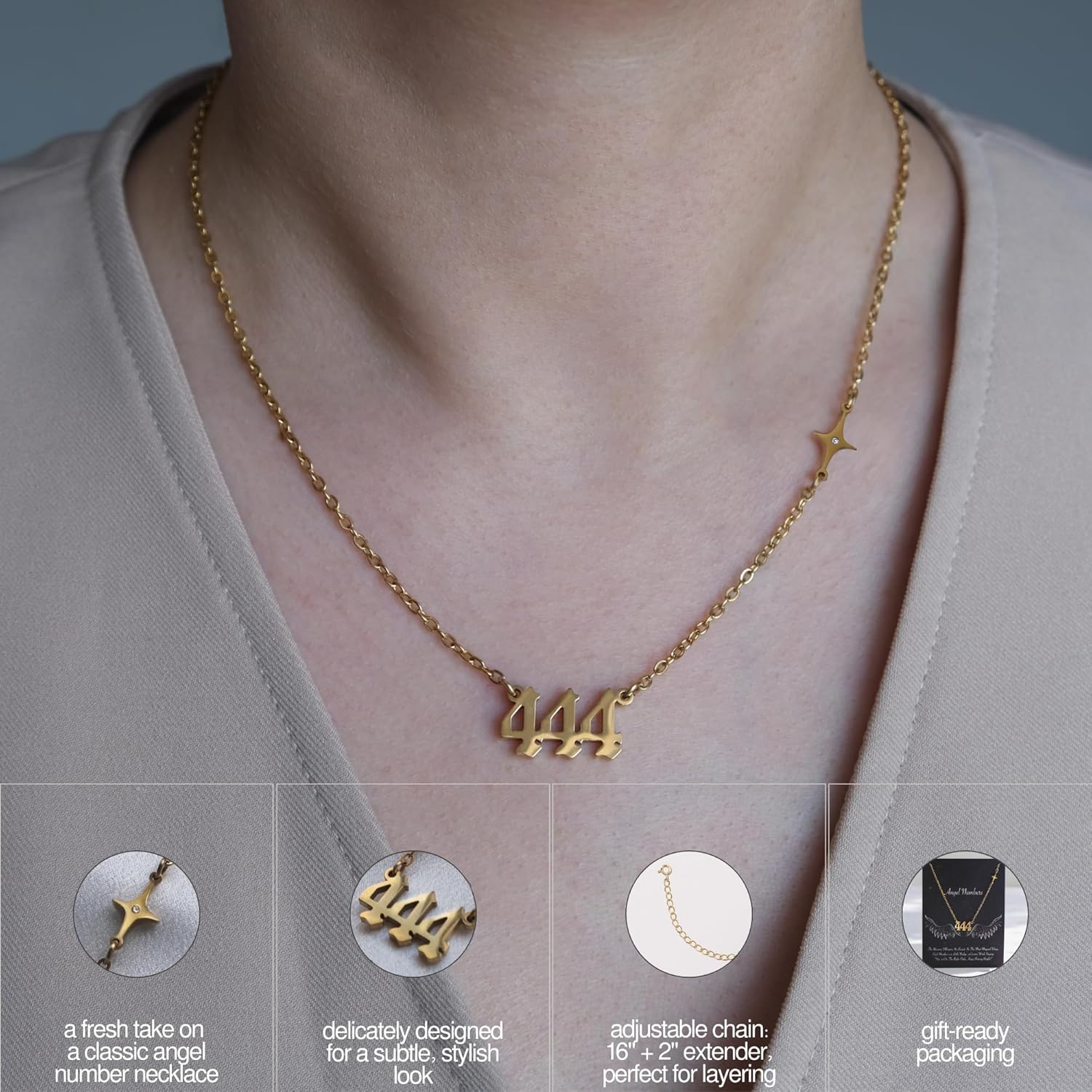 EARFULL Angel Number Necklace with Star - Angelic & Celestial Duo, 14K Gold Plated 16"+2" Adjustable Chain for Layering, Spiritual Manifestation Numerology Good Luck Jewelry for Women