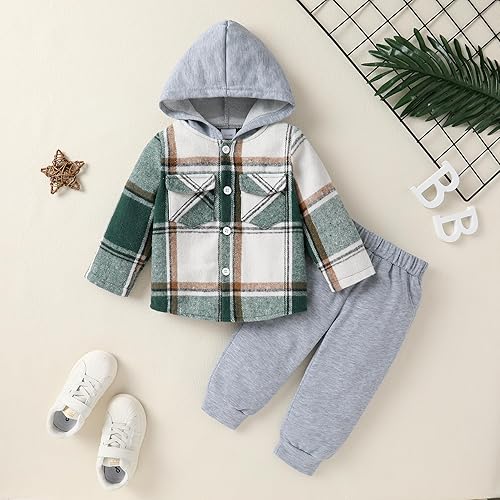 Miniatura 2 de Conjunto de ropa con capucha para niños pequeños conjunto de camisa de franela a cuadros para otoño invierno y primavera