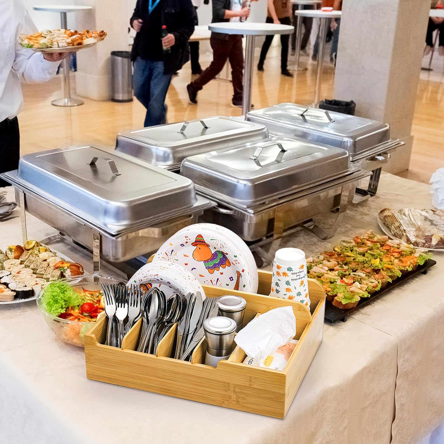 Frcctre Bamboo Utensil Caddy Organizer, 8 Compartments Large Paper Plate Holder, Adjustable Utensil Holder Silverware Cutlery Organizer for Plate Cup Fork Spoon Napkin, 16" L x 13" W x 5.5" H