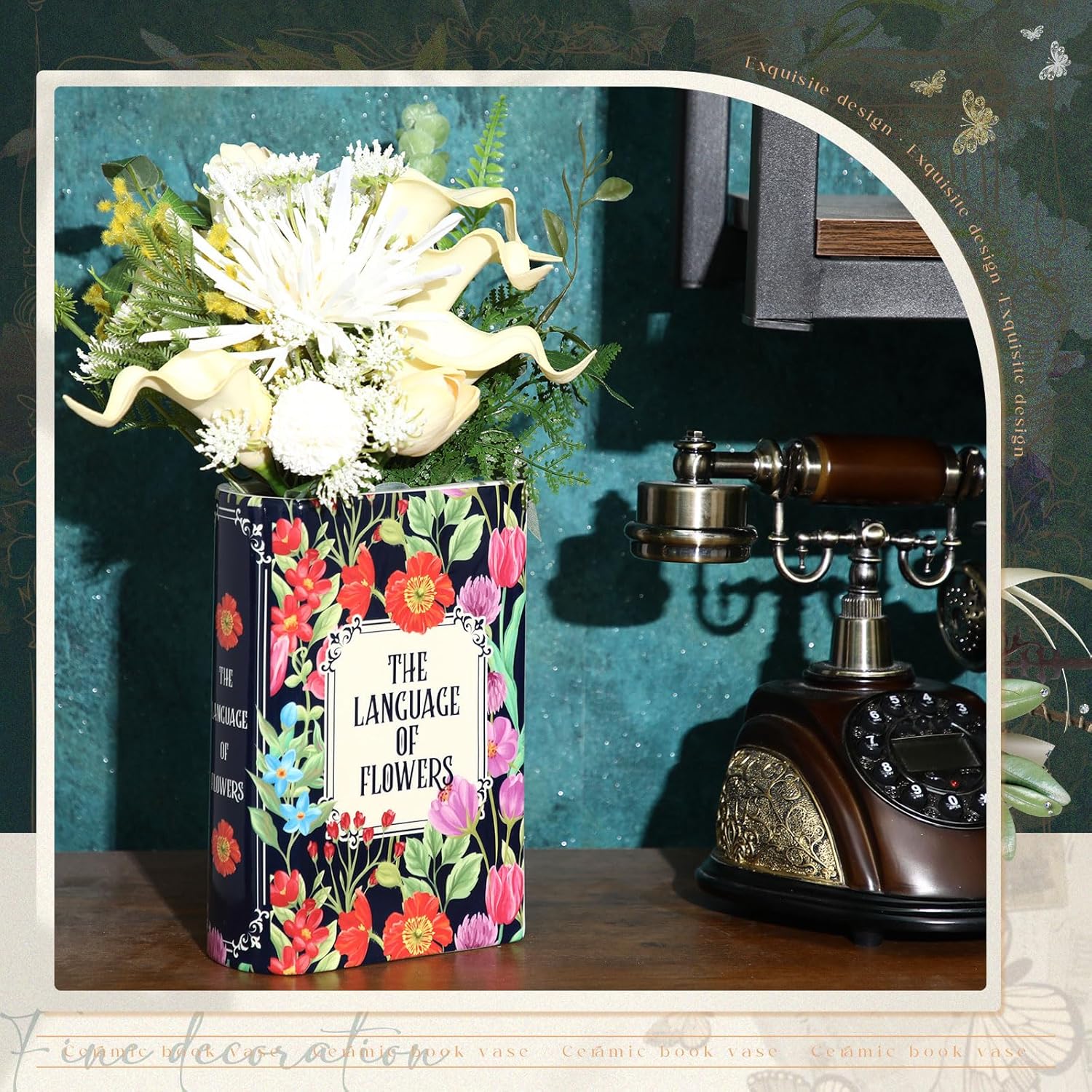 Large Book Shaped Flower Vase 8 x 5.3 Inch Ceramic Plant Pot Book Flower Vase Bookshelf Decoration Reader Lovers Gifts for Women Mother Home Office Decor(Vintage,1 Pcs) - Image 4