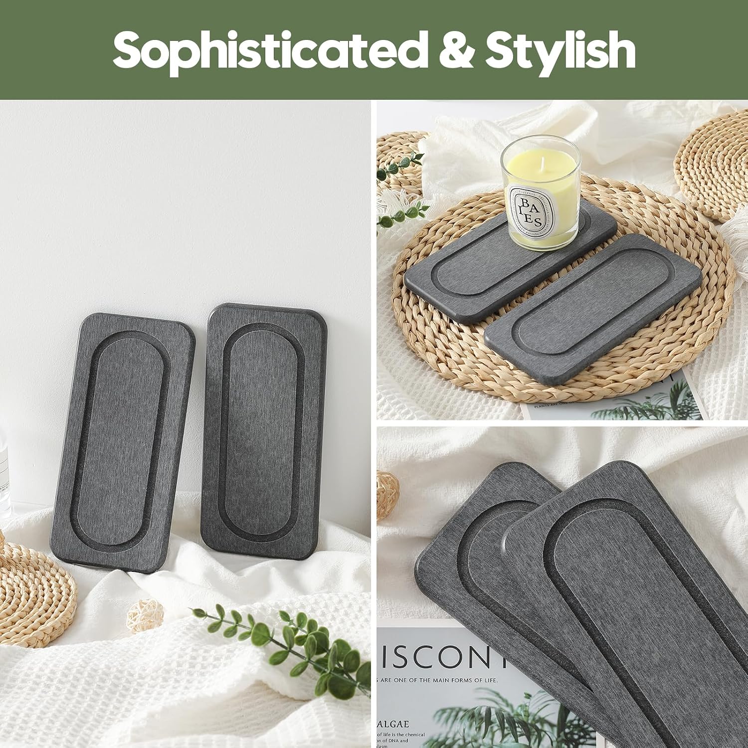 2Pack Diatomite Stone Coasters Water Absorbing Sink Tray for Kitchen & Bathroom Counter, Quick Dry Soap Dish Vanity Caddy, Dispenser Sponge Holder Space Organizer, Dark Gray - 8"x 3.8" image 5