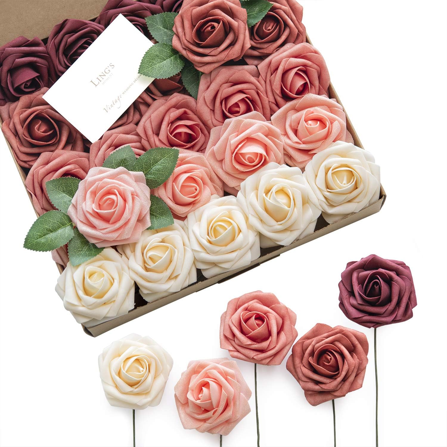Ling's MomentArtificial Flowers Burgundy Ombre Colors Foam Rose 5 Tones for DIY Wedding Bouquets Centerpieces Arrangments Decorations(50pcs)