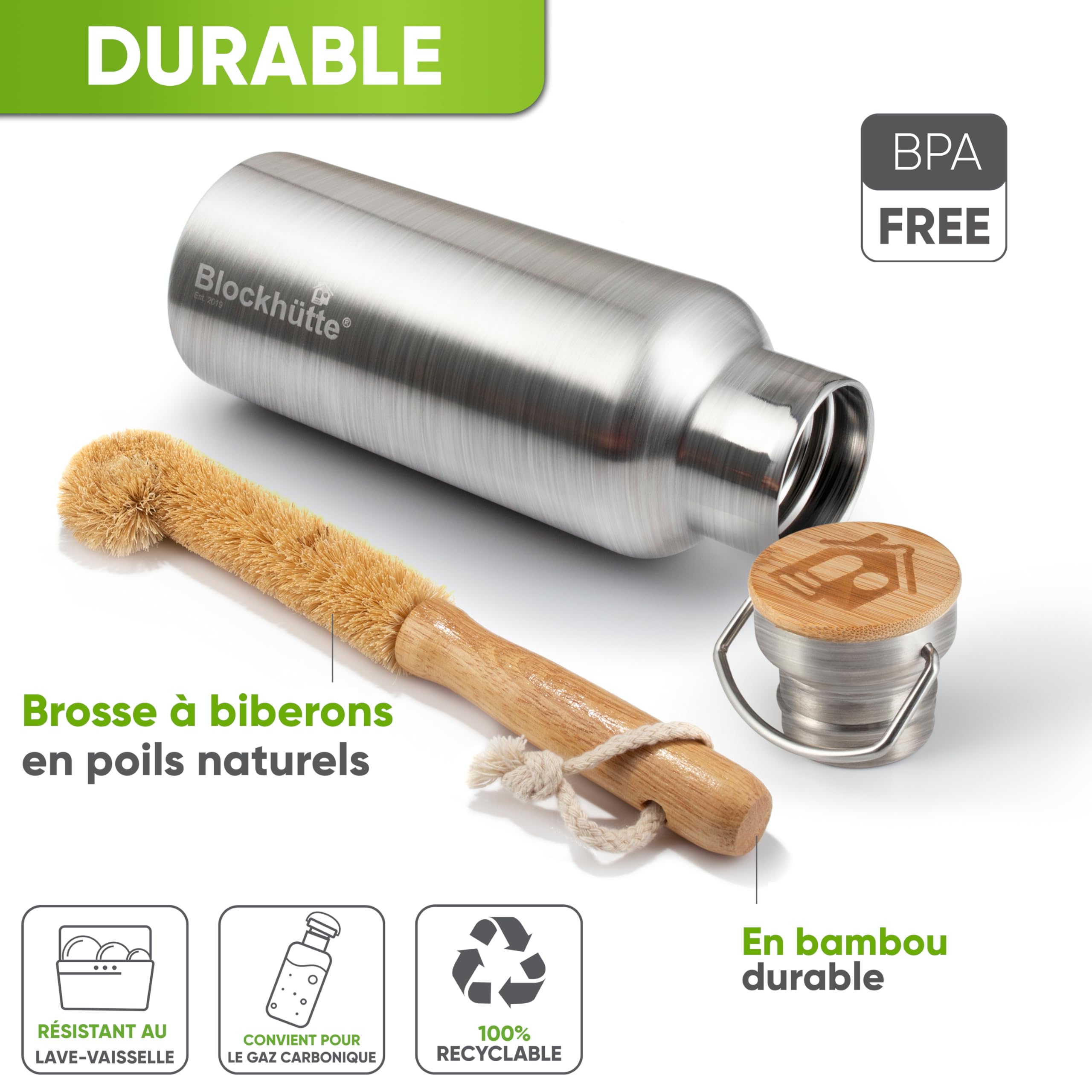 Blockhütte gourde isotherme personnalisée en acier inox, bouteille isotherme 1l, bouteille d'eau anti-fuite, gourde thermos passe au lave-vaisselle I pour école, bureau, enfants, adultes