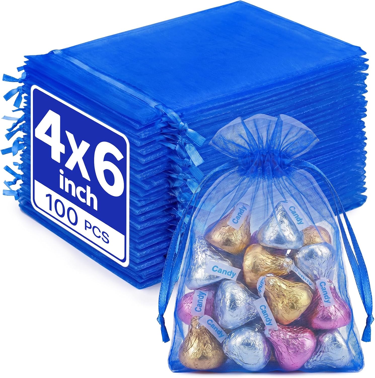 Crweety 100PCS Organza Bags 4x6'',Royal Blue Small Gift Mesh Drawstring Bag