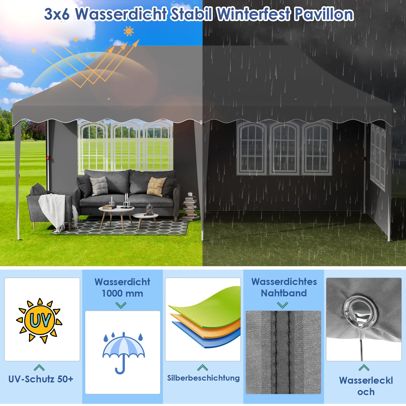 Faltpavillon 3x6 Pavillon Wasserdicht Stabil, Faltbar Gartenzelt 3x6 mit 6 Seitenwänden, Anti-UV 50+ Partyzelt Con 12 Erdhaken 6 Seile 6 PCS Sandsack,Gartenpavillon für Markt,Hochzeiten, Grau