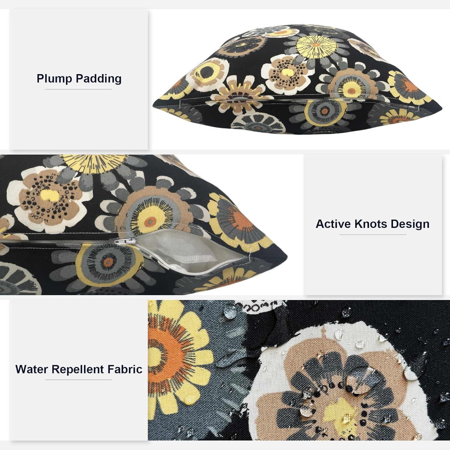 Outdoor Lumbar Pillows, Water Repellent Cushion Pillows 12x20 Inch, Outdoor Pillows with Inserts for Home Garden, Pack of 2, Black Yellow Crosby