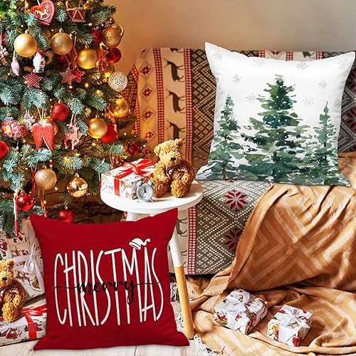 Miniatura 8 de Lanpn Juego de 4 fundas de almohada navideñas de 18 x 18 pulgadas, diseño de bosque invernal para exteriores, fundas de cojín decorativas de 18 x 18