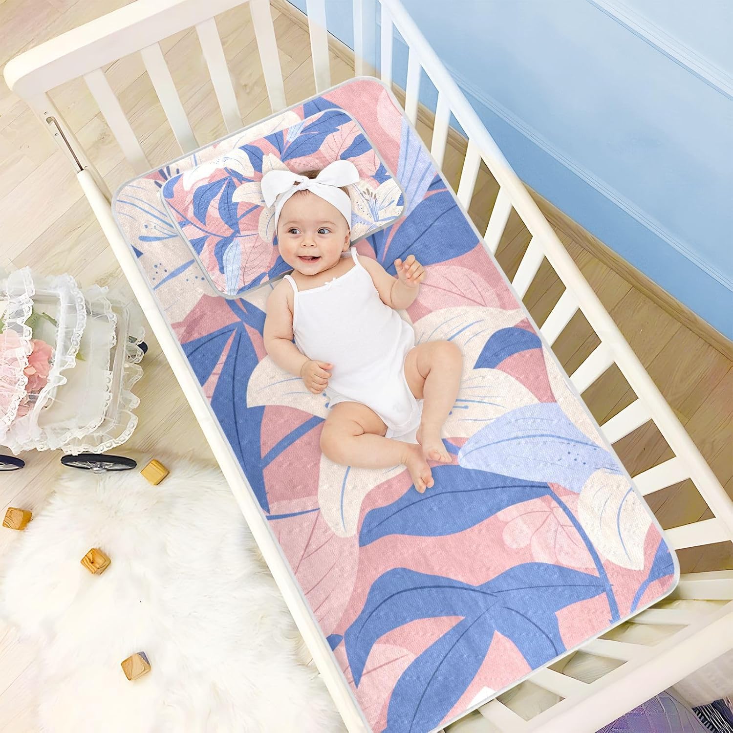 White Lily Flowers Blue Leaves Cooling Baby Crib Mattress pad 28" x 52" Reusable Pads for Bed for Baby&Toddler