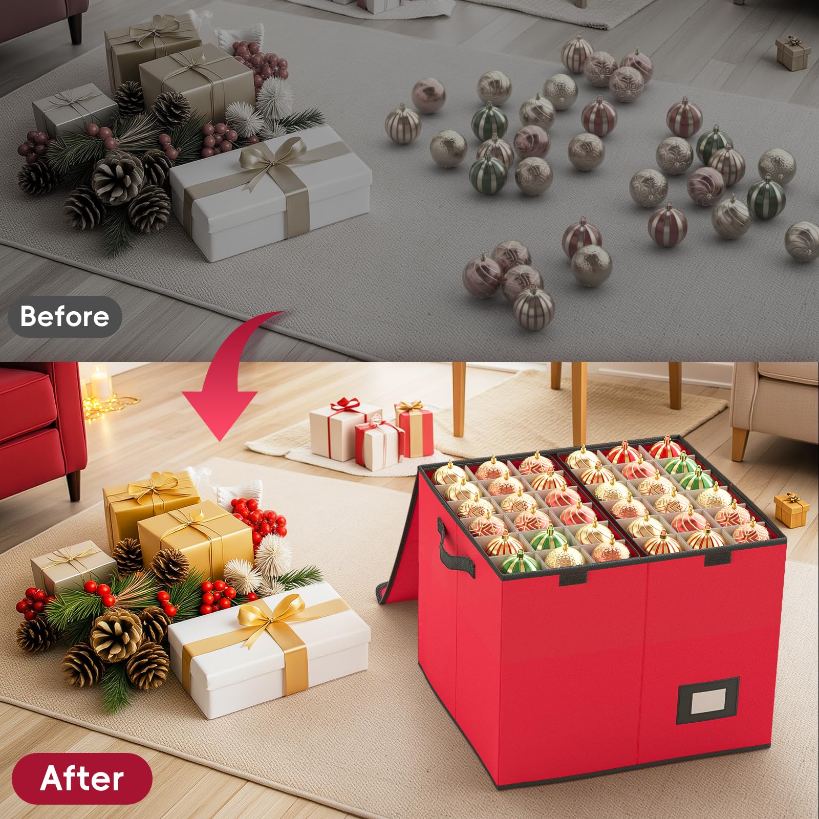 Mutool Caja de almacenamiento de bolas de Navidad con 144 compartimentos, 8 bandejas, tapa abatible, perfecta para adornos navideños, 43 cm x 26 cm x 13 cm