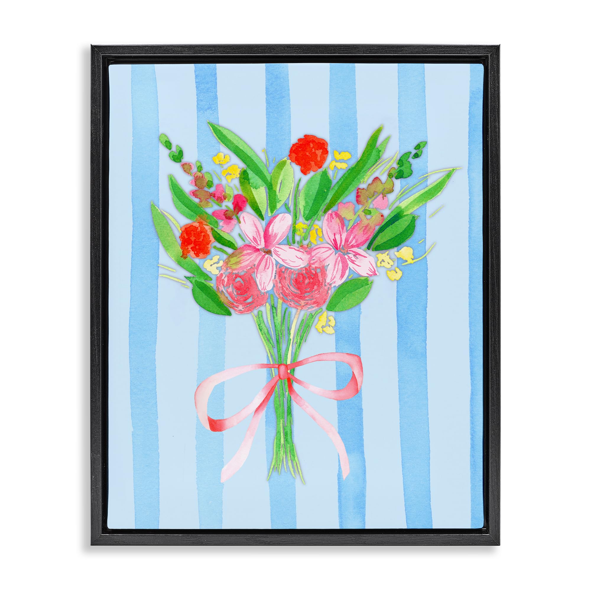 Stupell Industries Jet Black (Matte) 'Blue And Pink Bouquet & Bow'| Floating Frame Canvas Art