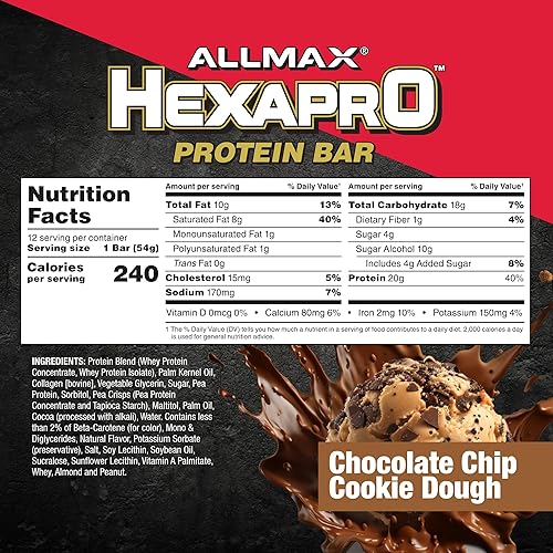 Miniatura 2 de ALLMAX HEXAPRO - Barra de proteínas, masa de galletas con chispas de chocolate, paquete de 12, aperitivo energético alto en proteínas, 0.71 oz de