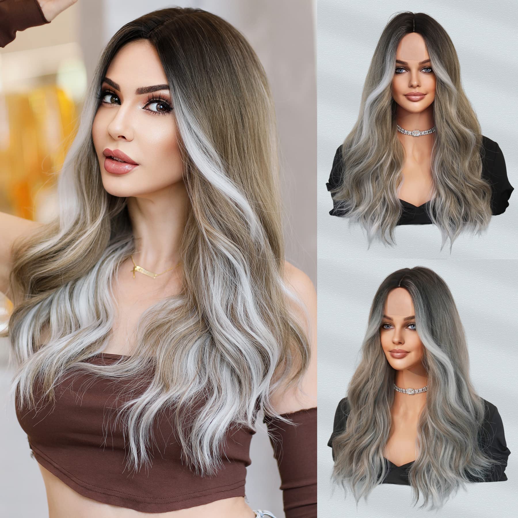 7JHH WIGS Blonde Long Wig with Dark Root Middle Part Lace Front Grey