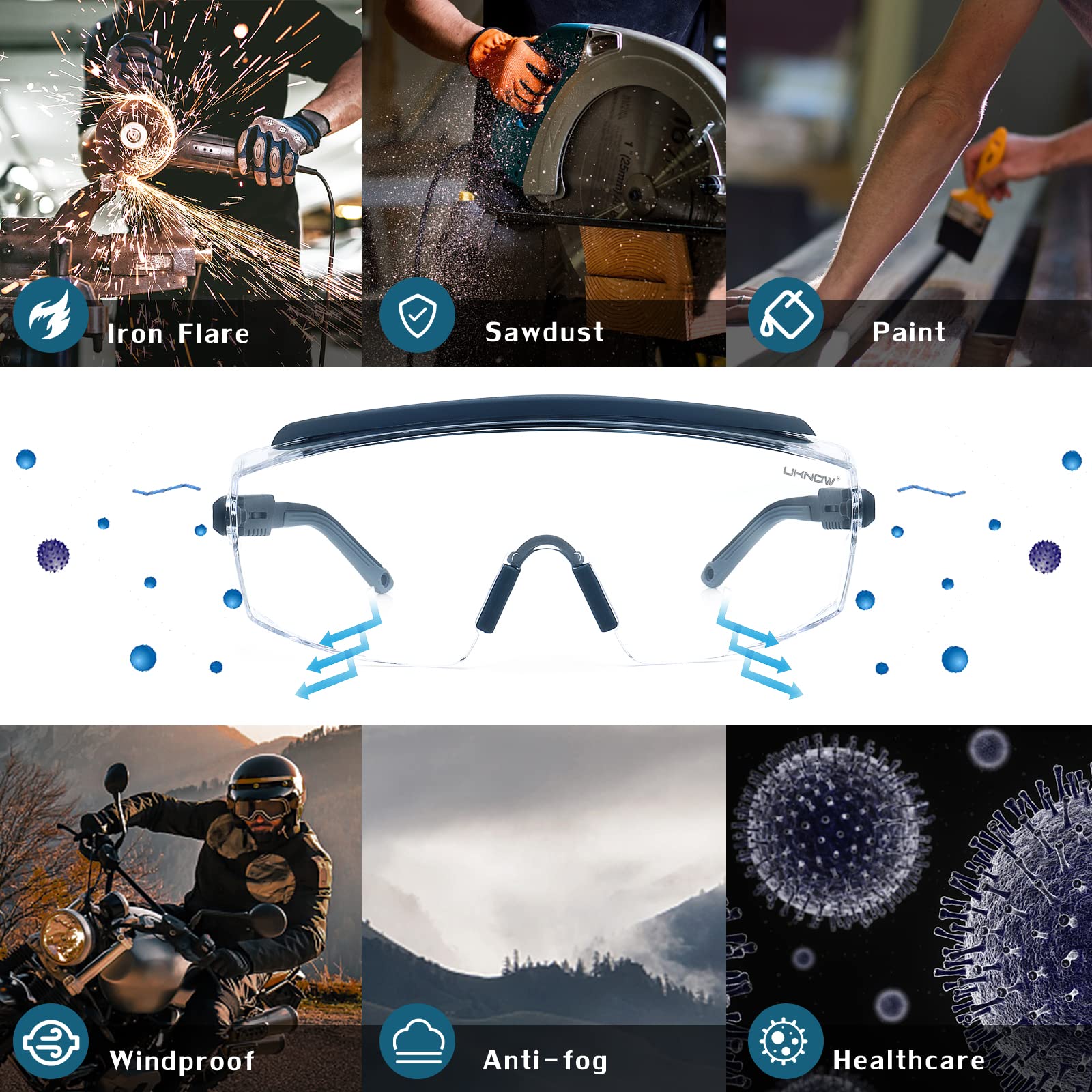 UKNOW Gafas de seguridad sobre gafas, gafas de seguridad antivaho envolvente, gafas protectoras ANSI Z87.1