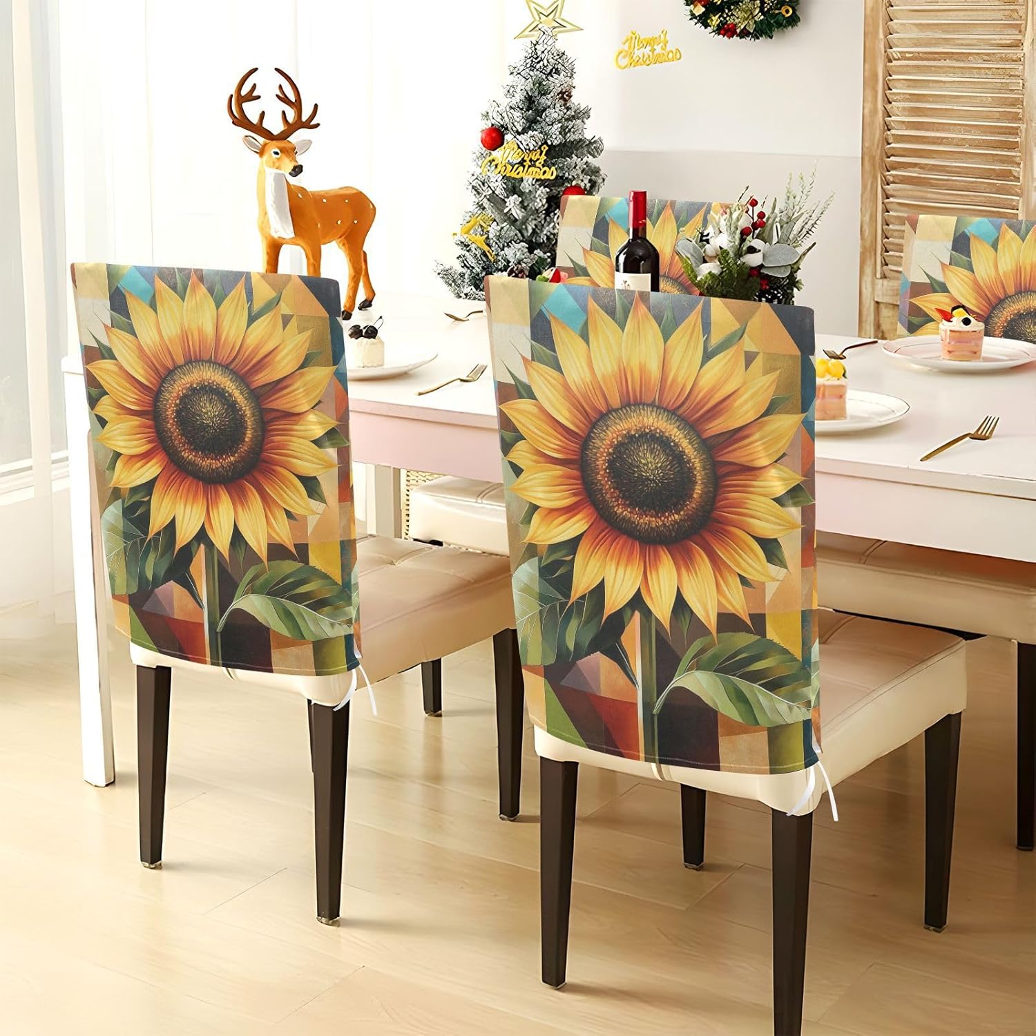 ALAZA Sunflower on Geometric Background Chair Back Cover Set of 6, Washable Reusable Removable Chair Slipcovers Decorative Chair Cover for Home Kitchen Wedding Party
