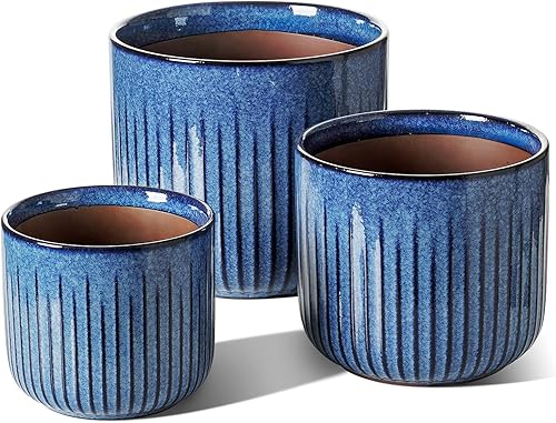 LE TAUCI Juego de 3 macetas de cerámica estriada de 8.3/7/5.7 pulgadas de cilindro reactivo azul océano con tapón de drenaje y malla, macetas de